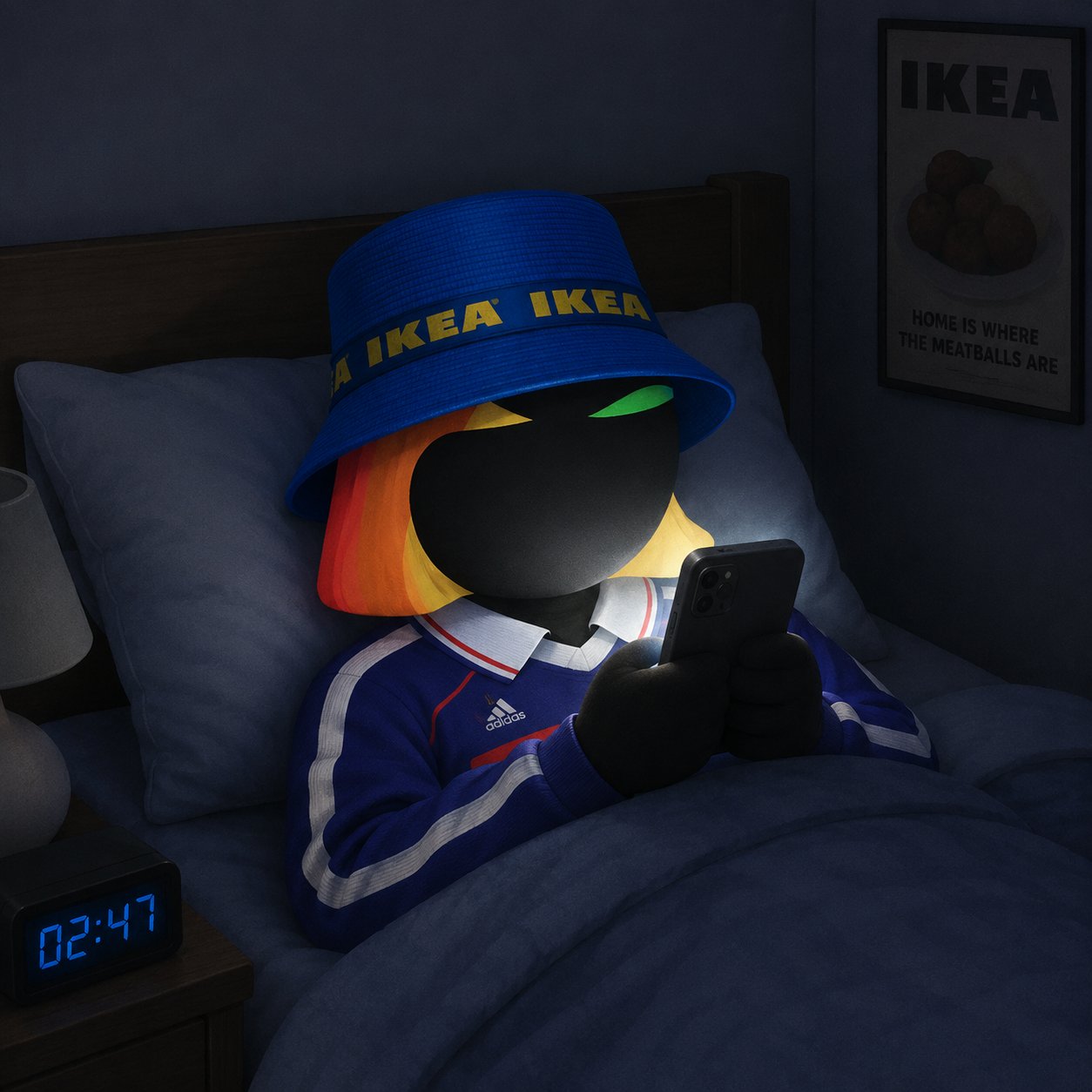 Character lying in bed on a phone at 2:47 AM